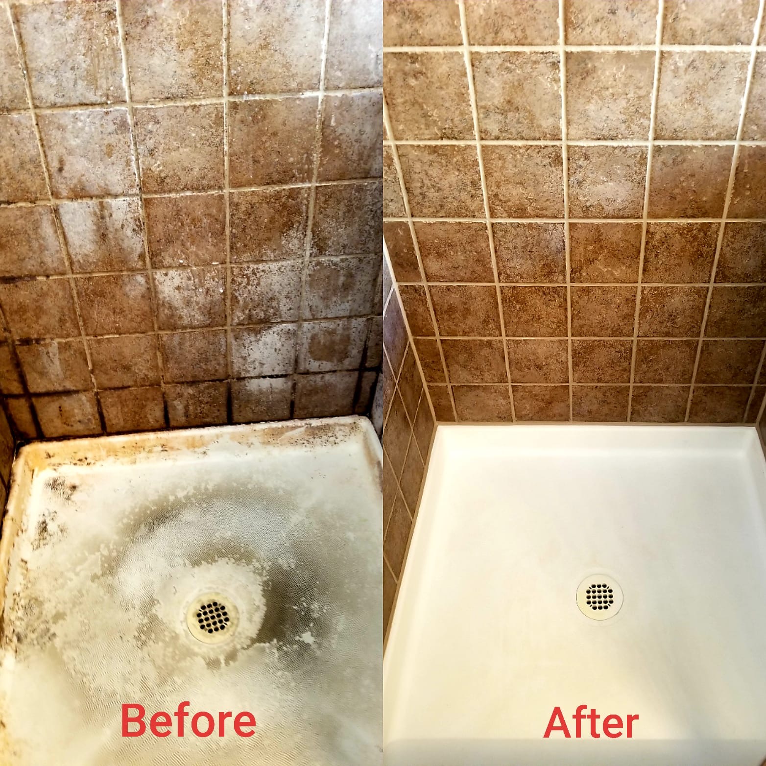 Shower cubicle before and after a Zuri clean — stained tiles and tray on the left, bright and spotless on the right.